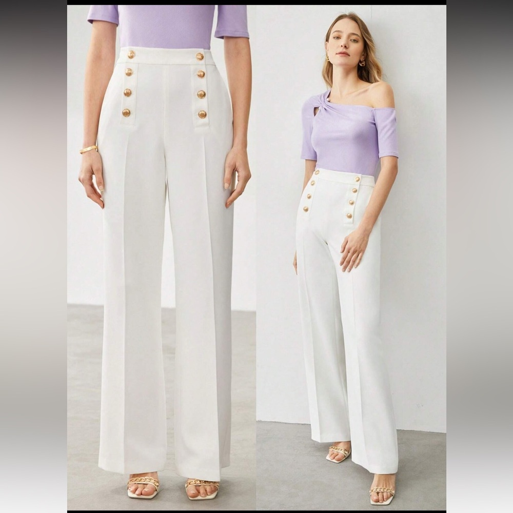 High Waist White Wide Leg Sailor Dress Pants Brass Buttons XS - Picture 13 of 16